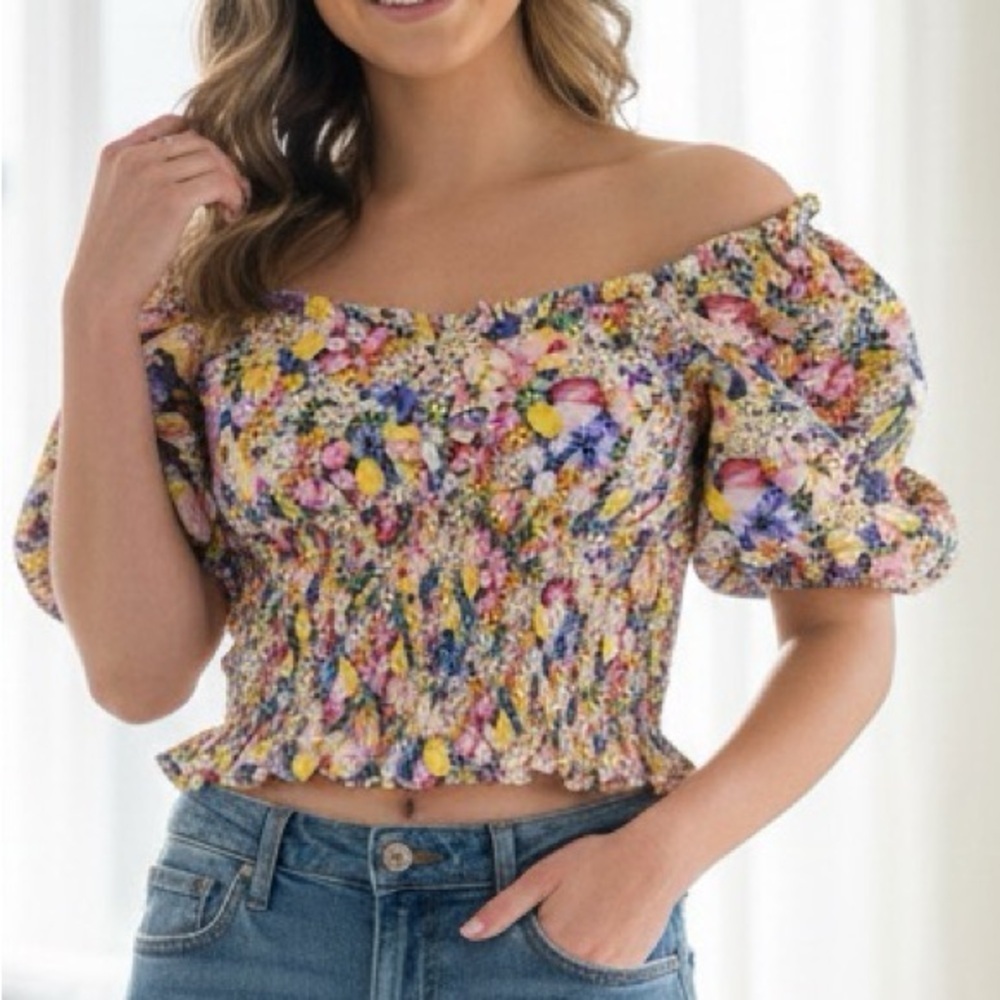 Zara Multicolor Floral Puff Sleeve Blouse